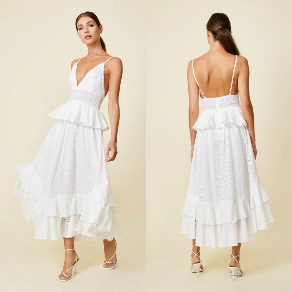 Line & Dot White Eyelet Ruffle Midi Dress
